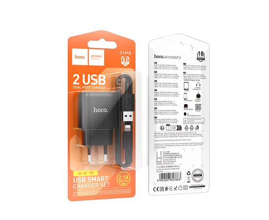  СЗУ 2USB 2.1A для Lightning 8-pin Hoco C141A 1м (Black) 