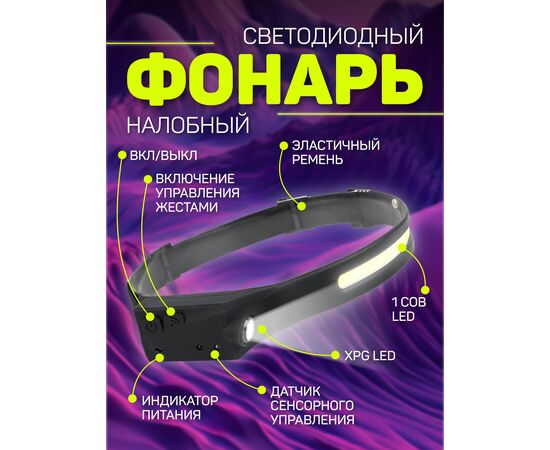 Светодиодный налобный фонарь Perfeo  "Fulu", 150+300 LM, 3W LED+COB, аккум 1200mAh, Type-C, 5 режимов 